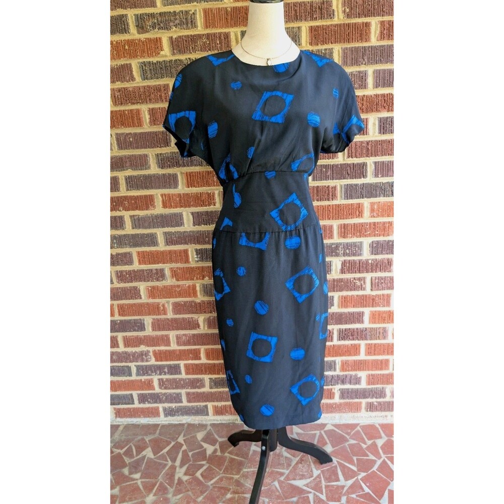 Vtg Julie Francis Silk Midi Dress-Black w/Blue Geometric- Short Sleeves -Sz10